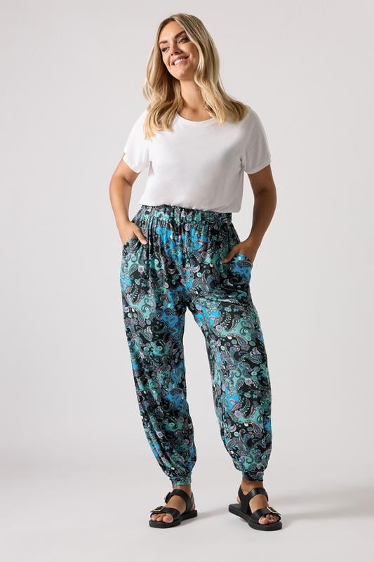 Evans YOURS Curve Blue Paisley Print Cuffed Harem Trousers