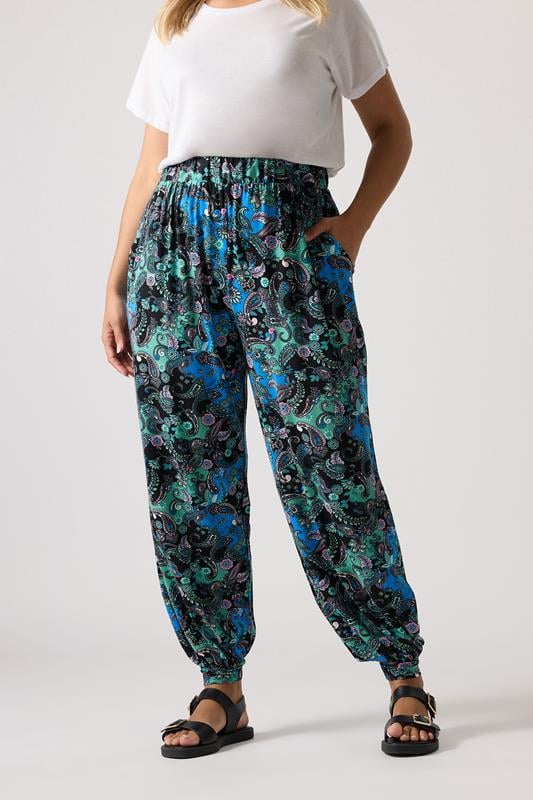 evans YOURS Curve Blue Paisley Print Cuffed Harem Trousers