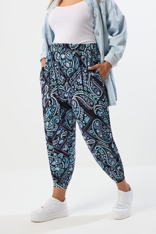 evans YOURS Curve Blue Paisley Print Harem Trousers