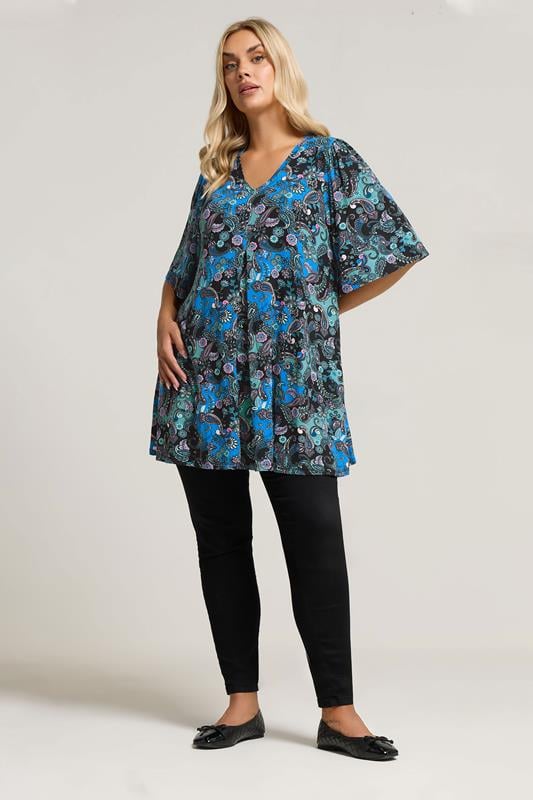 Evans YOURS Curve Blue Paisley Print Pleat Front Top