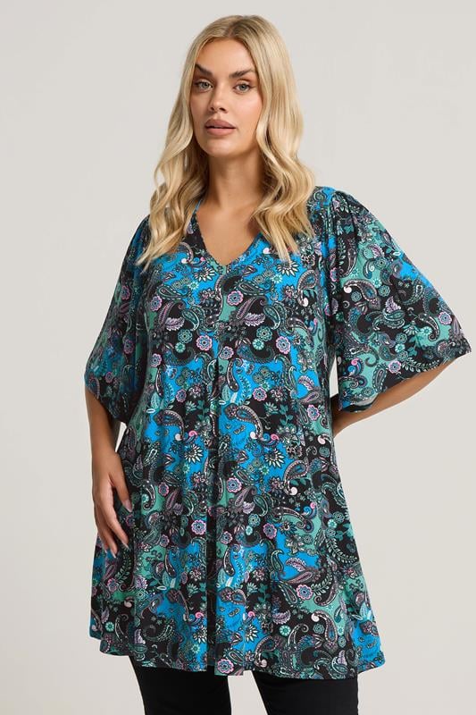 evans YOURS Curve Blue Paisley Print Pleat Front Top