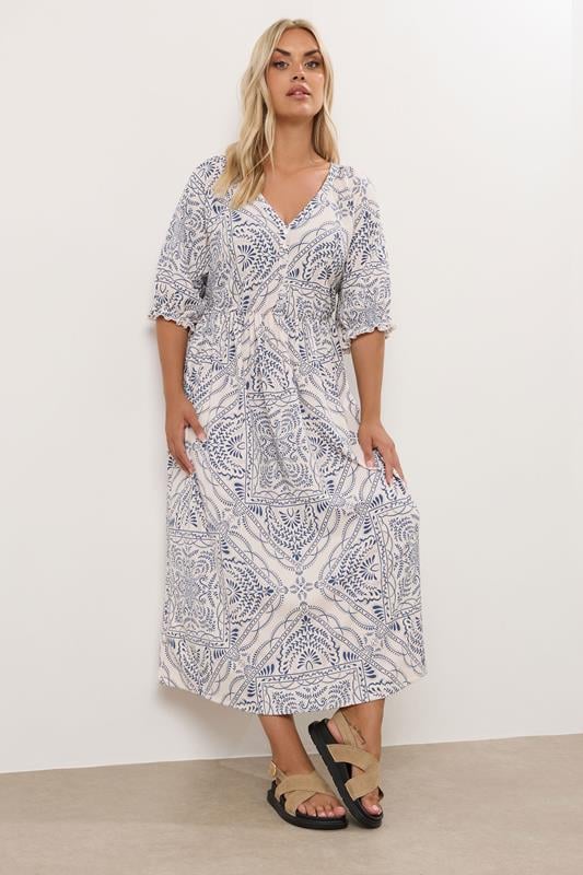 evans YOURS Curve Blue Paisley Print Textured V-Neck Dress