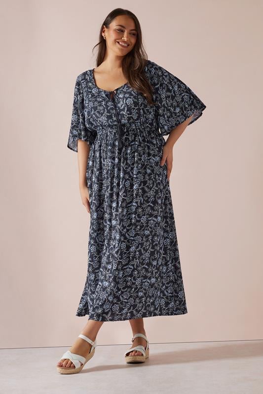 Evans YOURS Curve Blue Paisley Print Tie Front Maxi Dress