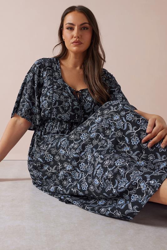 Evans YOURS Curve Blue Paisley Print Tie Front Maxi Dress