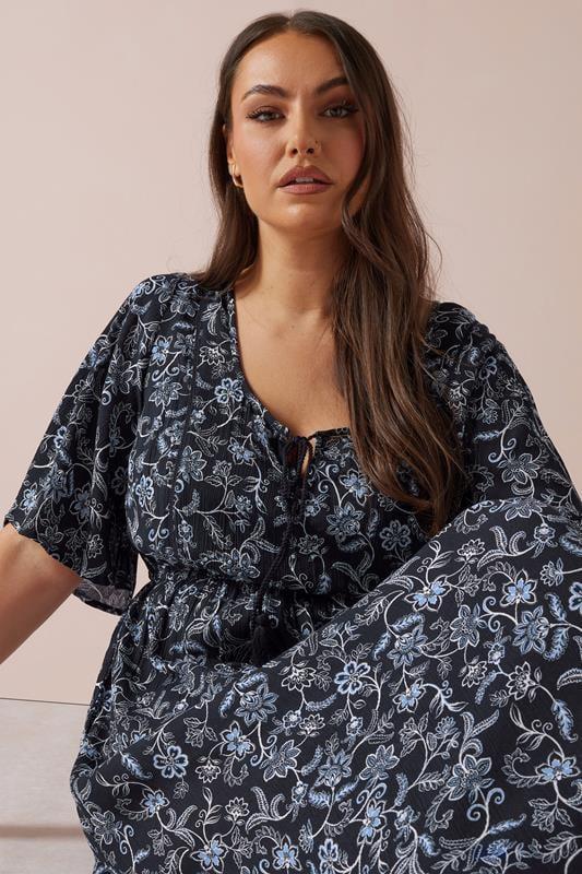 Evans YOURS Curve Blue Paisley Print Tie Front Maxi Dress