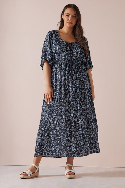 evans YOURS Curve Blue Paisley Print Tie Front Maxi Dress
