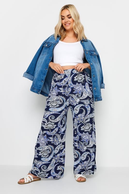 Evans YOURS Curve Blue Paisley Print Wide Leg Trouser
