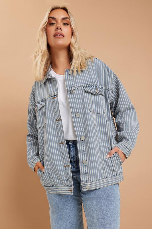 evans YOURS Curve Blue Pinstripe Oversized Denim Jacket