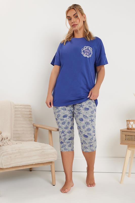 Evans YOURS Curve Blue 'Shell Yeah' Graphic Cropped Pyjama Set