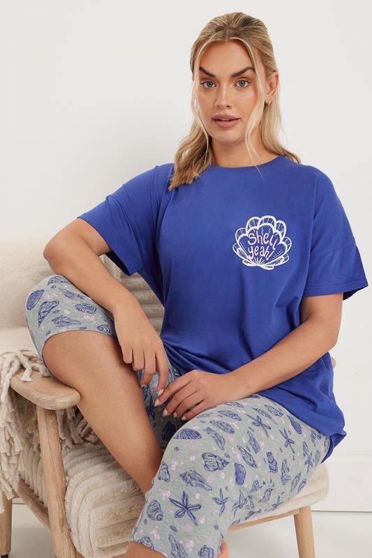 evans YOURS Curve Blue 'Shell Yeah' Graphic Cropped Pyjama Set