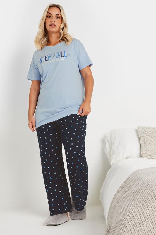 Evans YOURS Curve Blue 'Sleep All Weekend' Wide Leg Pyjama Set
