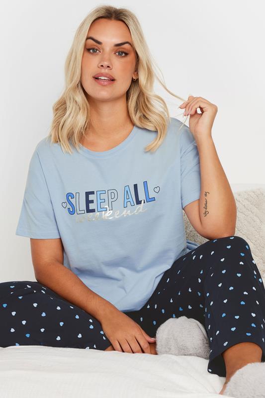 evans YOURS Curve Blue 'Sleep All Weekend' Wide Leg Pyjama Set