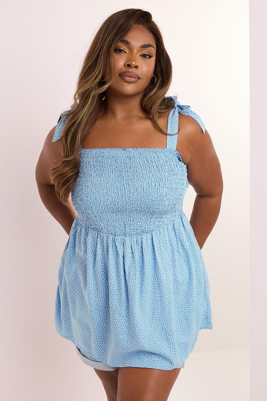 Evans YOURS Curve Blue Spot Shirred Tie Sleeve Cami Top