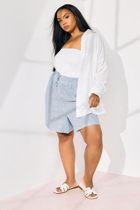 Evans YOURS Curve Blue Stripe Tie Front Linen Shorts