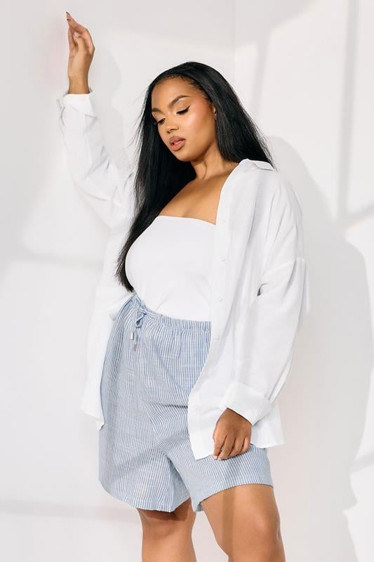 evans YOURS Curve Blue Stripe Tie Front Linen Shorts