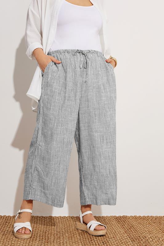 Evans YOURS Curve Blue Stripe Wide Leg Ankle Grazer Linen Trousers