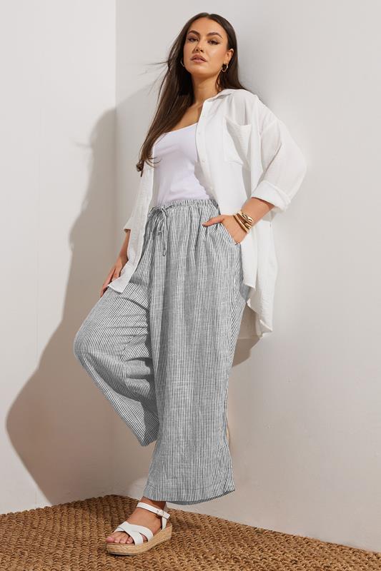 evans YOURS Curve Blue Stripe Wide Leg Ankle Grazer Linen Trousers