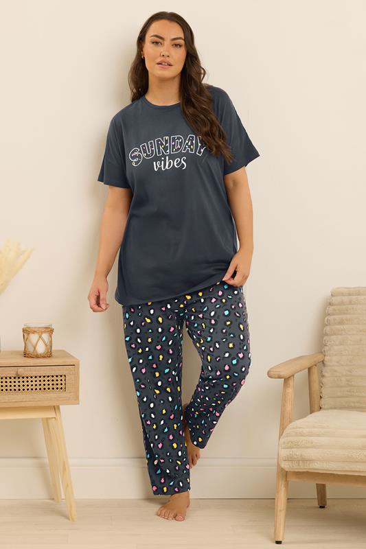Evans YOURS Curve Blue 'Sunday Vibes' Slogan Print Wide Leg Pyjama Set