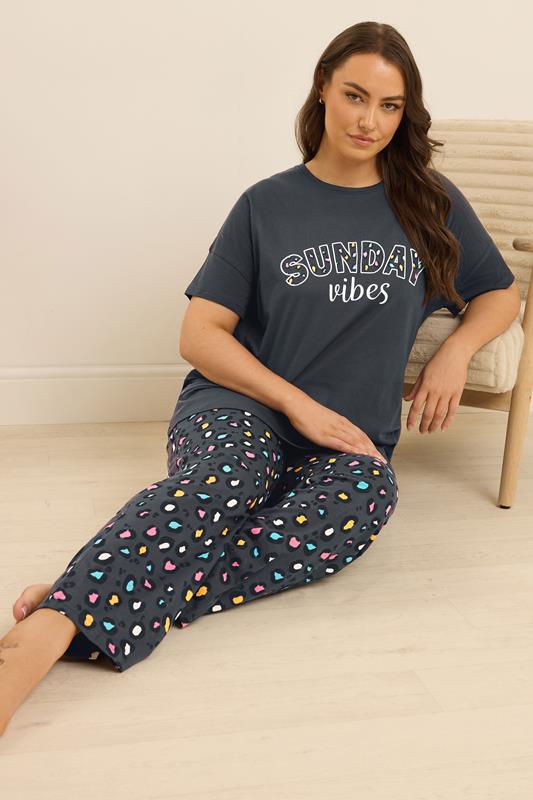 evans YOURS Curve Blue 'Sunday Vibes' Slogan Print Wide Leg Pyjama Set