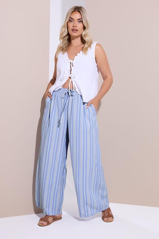 Evans YOURS Curve Blue Textured Stripe Wide Leg Trousers
