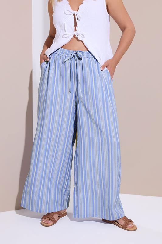 evans YOURS Curve Blue Textured Stripe Wide Leg Trousers
