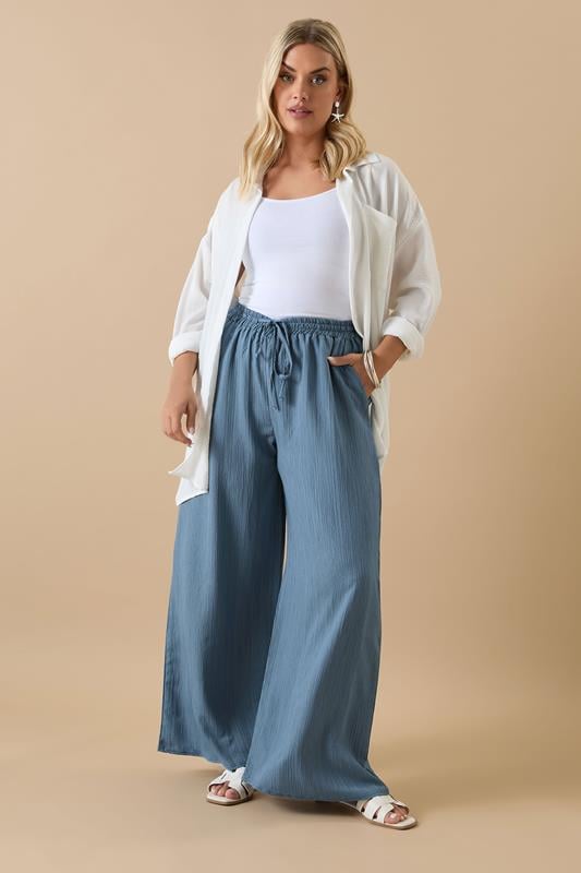 Evans YOURS Curve Blue Textured Tie Front Wide Leg Trousers