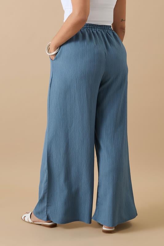 Evans YOURS Curve Blue Textured Tie Front Wide Leg Trousers