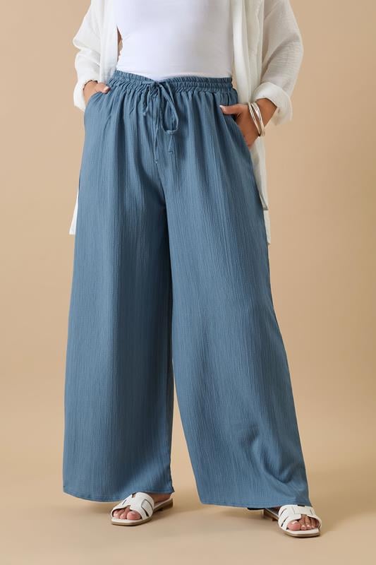 evans YOURS Curve Blue Textured Tie Front Wide Leg Trousers