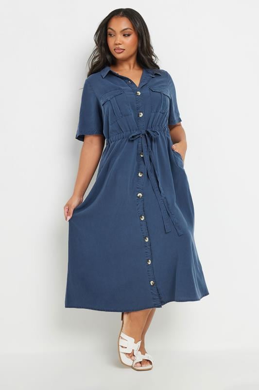 Evans YOURS Curve Blue Tie Waist Chambray Shirt Dress