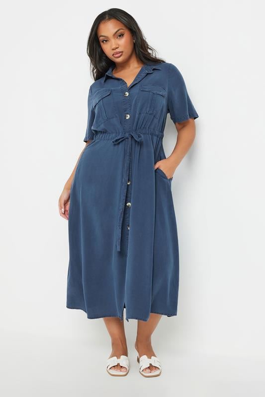 evans YOURS Curve Blue Tie Waist Chambray Shirt Dress