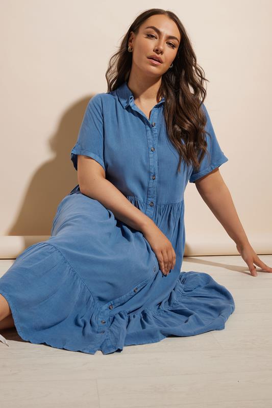 Evans YOURS Curve Blue Tiered Maxi Chambray Shirt Dress