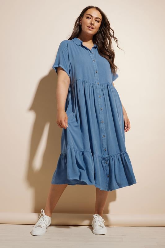 Evans YOURS Curve Blue Tiered Maxi Chambray Shirt Dress