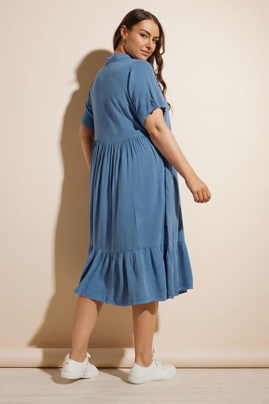 Evans YOURS Curve Blue Tiered Maxi Chambray Shirt Dress