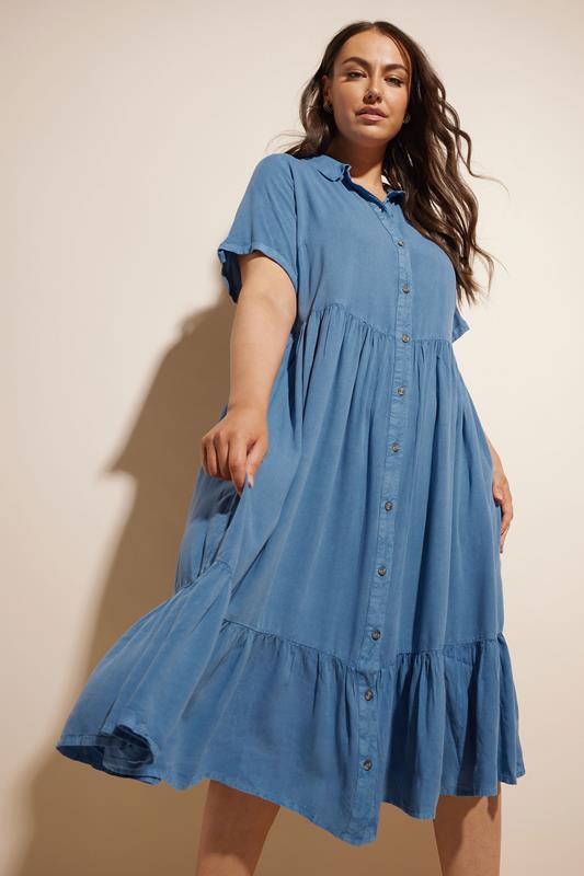 evans YOURS Curve Blue Tiered Maxi Chambray Shirt Dress