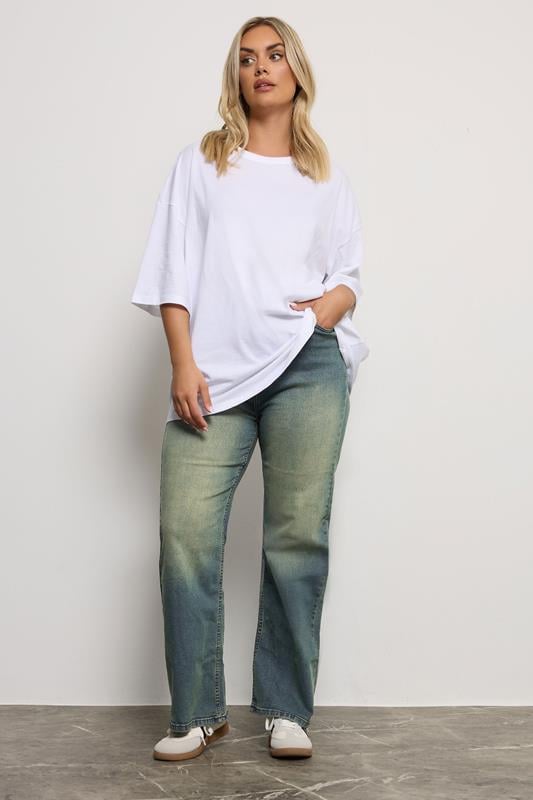 Evans YOURS Curve Blue Washed Effect Wide Leg Jeans