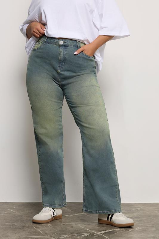 evans YOURS Curve Blue Washed Effect Wide Leg Jeans