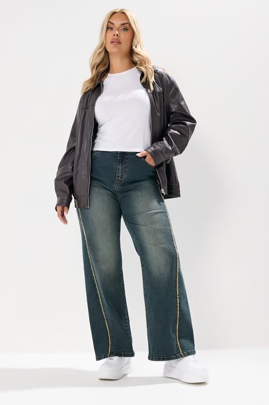 Evans YOURS Curve Blue Washed Fray Seam Wide Leg Jeans