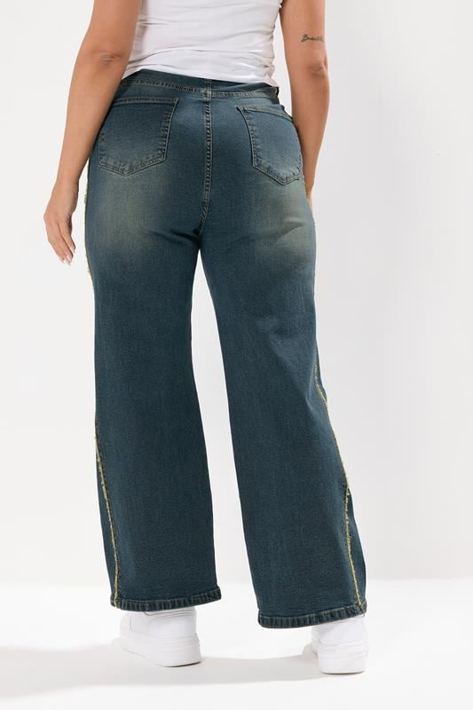Evans YOURS Curve Blue Washed Fray Seam Wide Leg Jeans