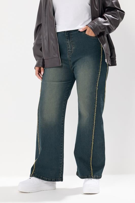 evans YOURS Curve Blue Washed Fray Seam Wide Leg Jeans