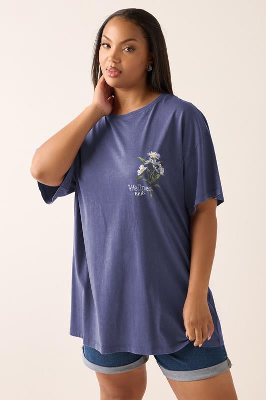 Evans YOURS Curve Blue 'Wellness' Daisy Back Print T-Shirt