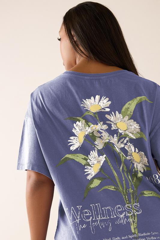 Evans YOURS Curve Blue 'Wellness' Daisy Back Print T-Shirt