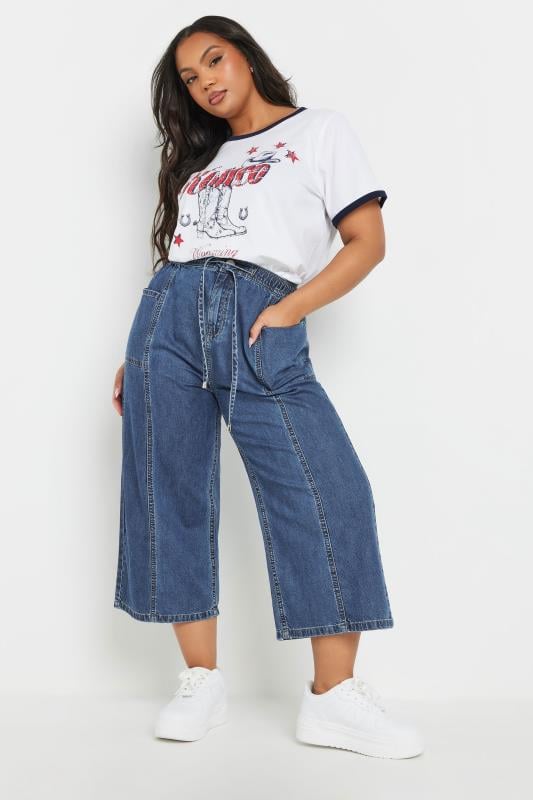 Evans YOURS Curve Blue Wide Leg Cropped Denim Jeans