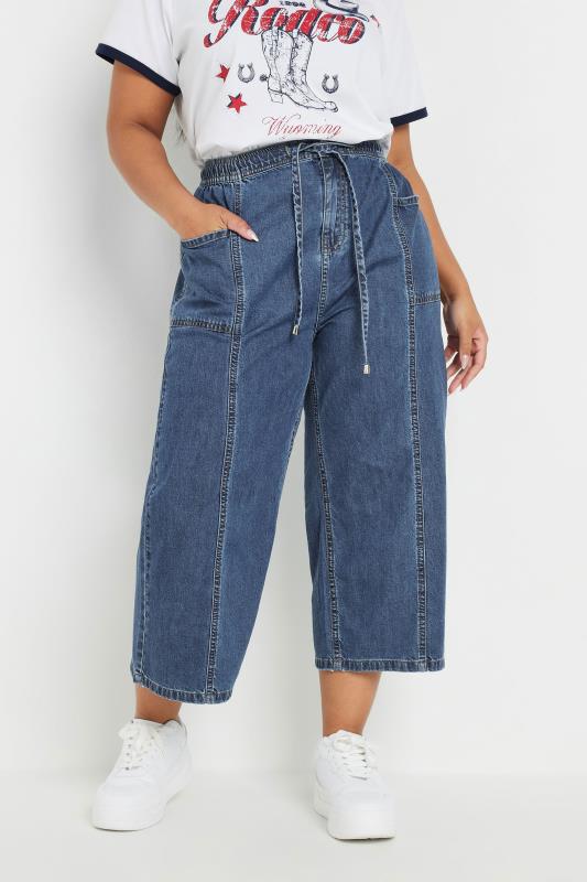 evans YOURS Curve Blue Wide Leg Cropped Denim Jeans