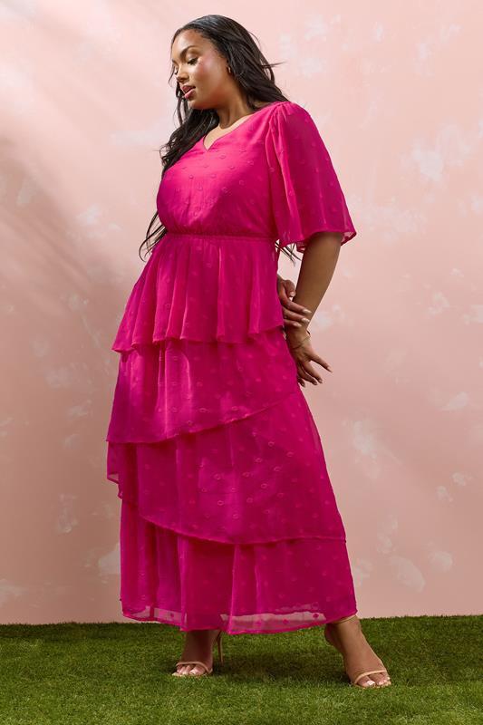 Evans YOURS Curve Bright Pink Dobby Frill Maxi Dress