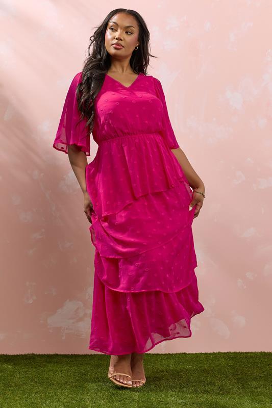 Evans YOURS Curve Bright Pink Dobby Frill Maxi Dress