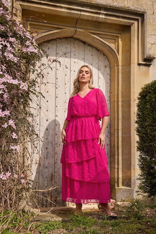 evans YOURS Curve Bright Pink Dobby Frill Maxi Dress