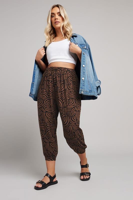 Evans YOURS Curve Brown Abstract Print Cropped Harem Joggers