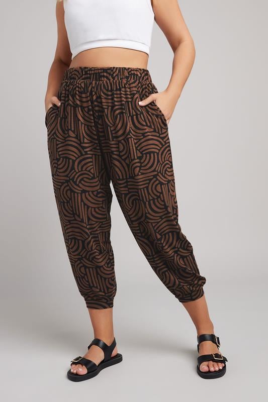 evans YOURS Curve Brown Abstract Print Cropped Harem Joggers