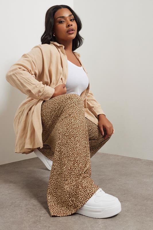 Evans YOURS Curve Brown Abstract Spot Print Textured Wide Leg Trousers
