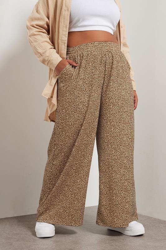 Evans YOURS Curve Brown Abstract Spot Print Textured Wide Leg Trousers
